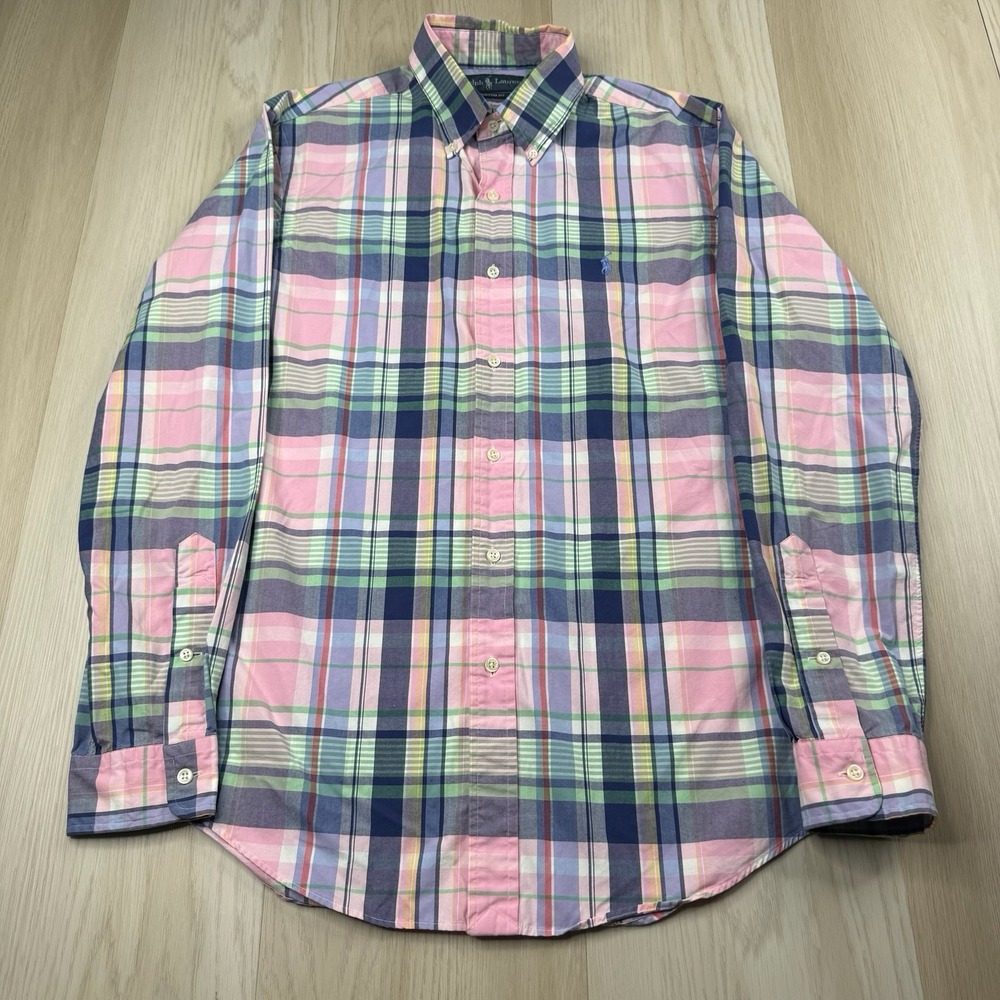 Polo Ralph Lauren Vintage Pink Plaid Button Shirt Mens Size M Medium Custom Fit